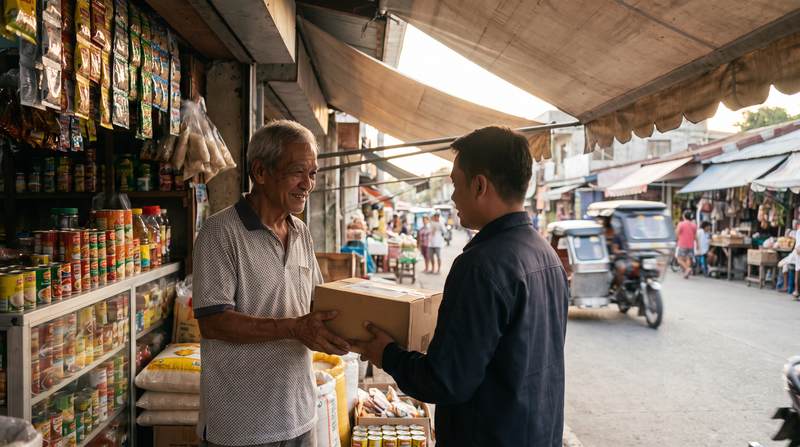 A GRLP rider hand-delivering a package to an elder at her sari-sari store
