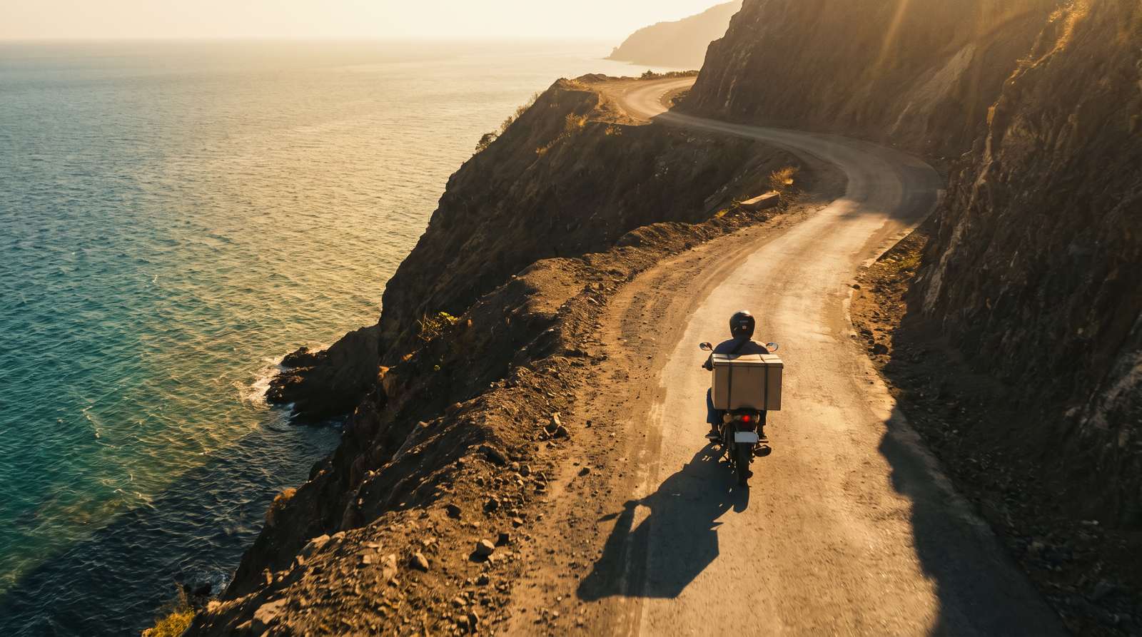 Aerial view of a GRLP motorbike rider on a winding coastal road in Oriental Mindoro